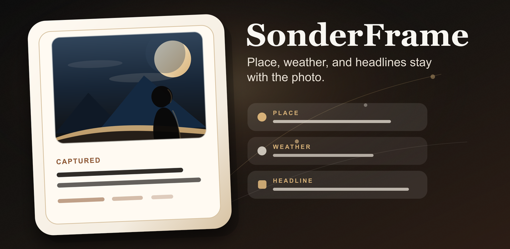 SonderFrame product preview showing a saved travel photo beside place, weather, and headline details